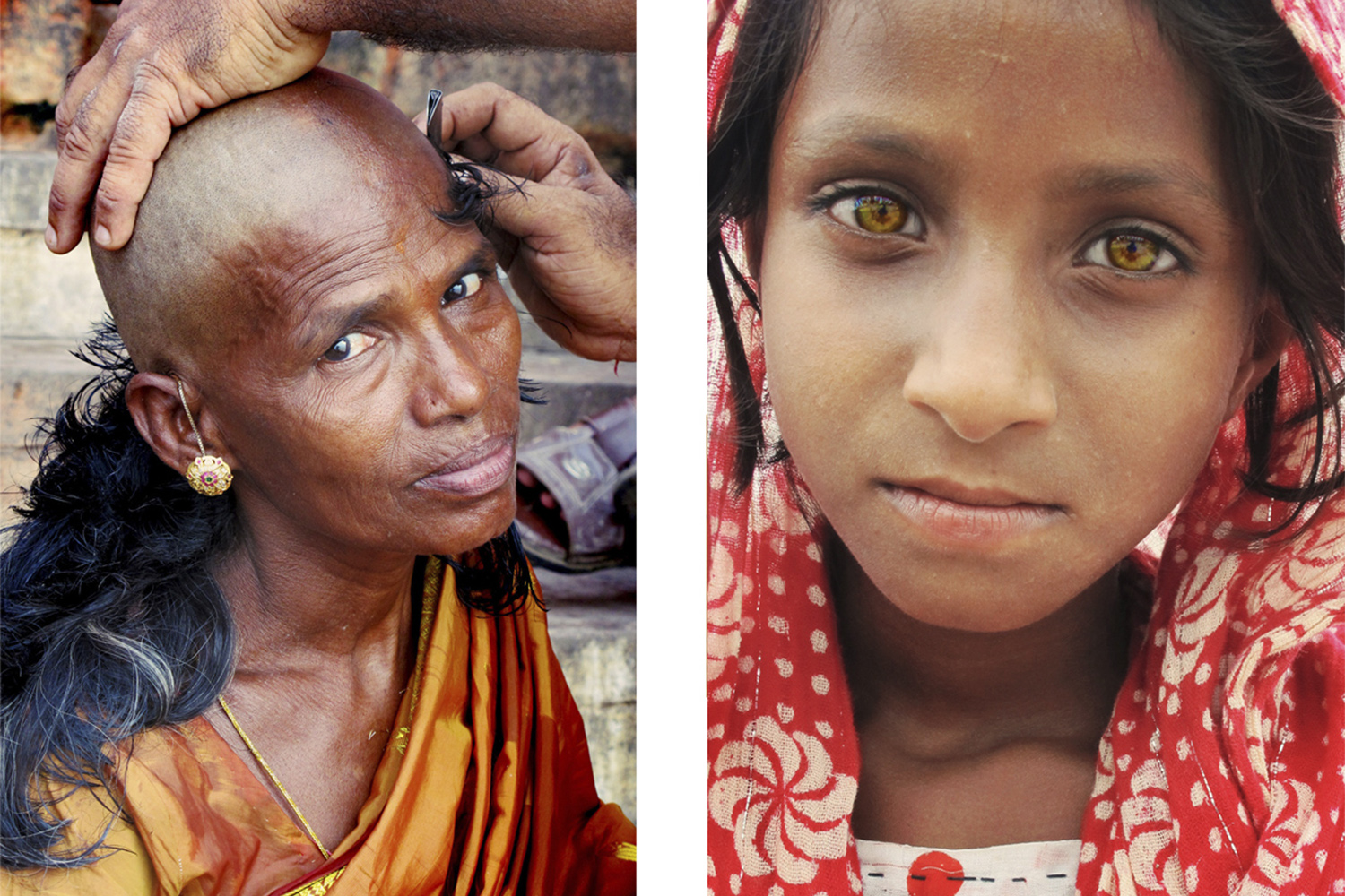 Mulher viúda raspando o cabelo e menina em Varanasi
