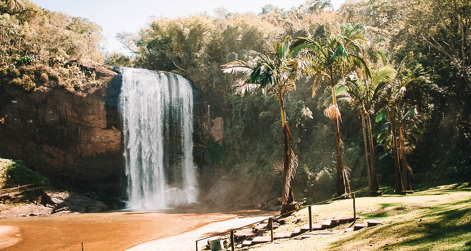 Cachoeira em fundo desembocando em um riacho e com coqueiro ao lado