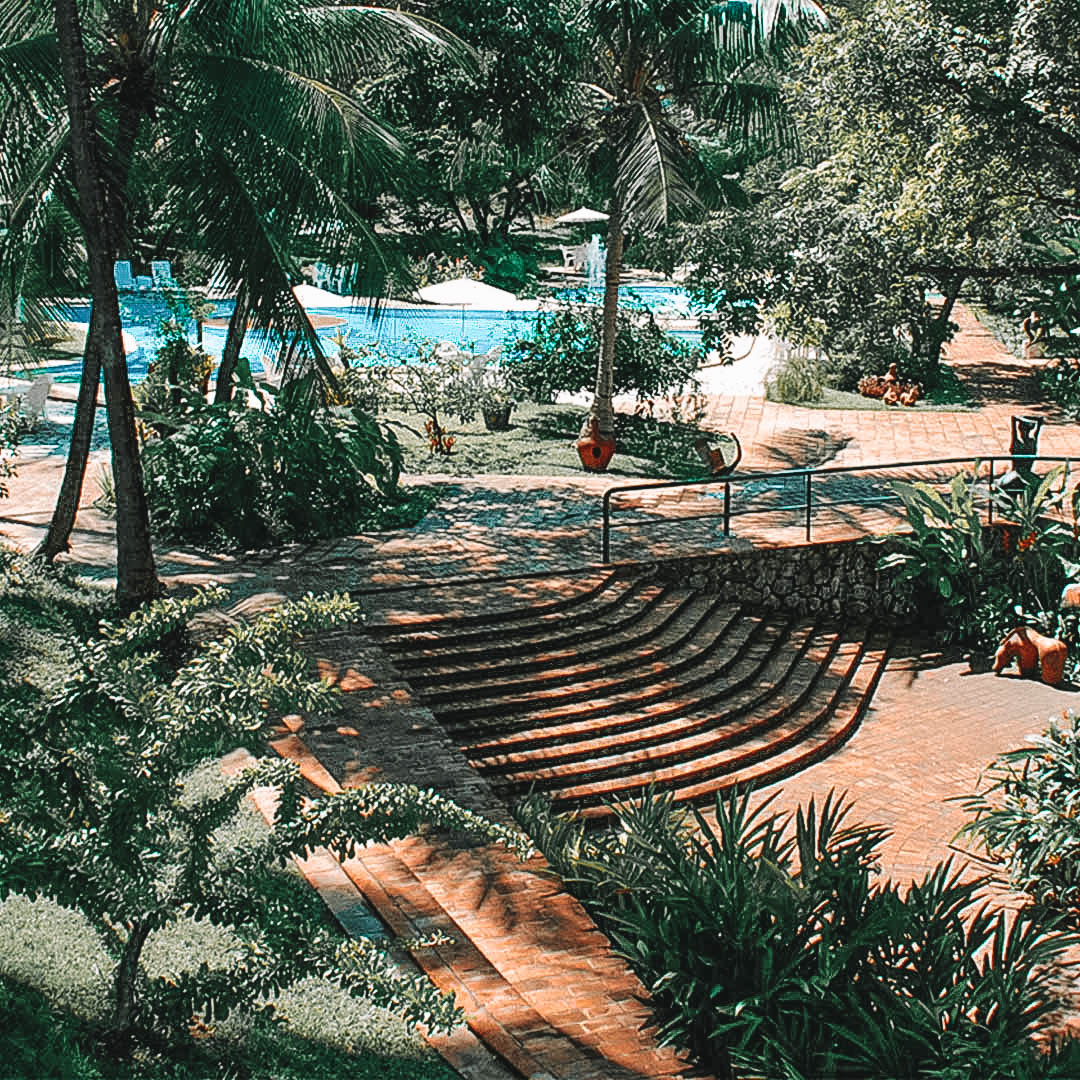 Escadaria cercada por muita vegetação, de onde é possível enxergar parte da piscina a sua frente