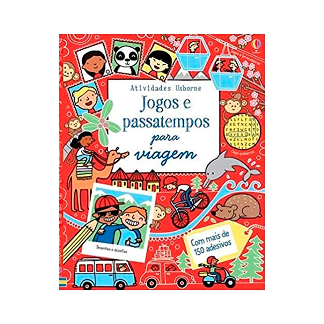 livro com capa vermelha e diversas ilustrações que remetem a viagens