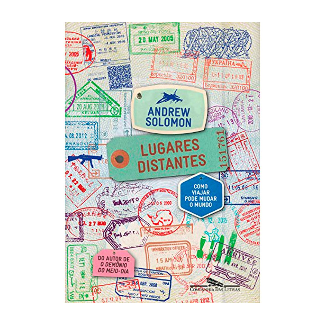 Capa do livro Lugares Distantes cheia de carimbos de passaporte coloridos