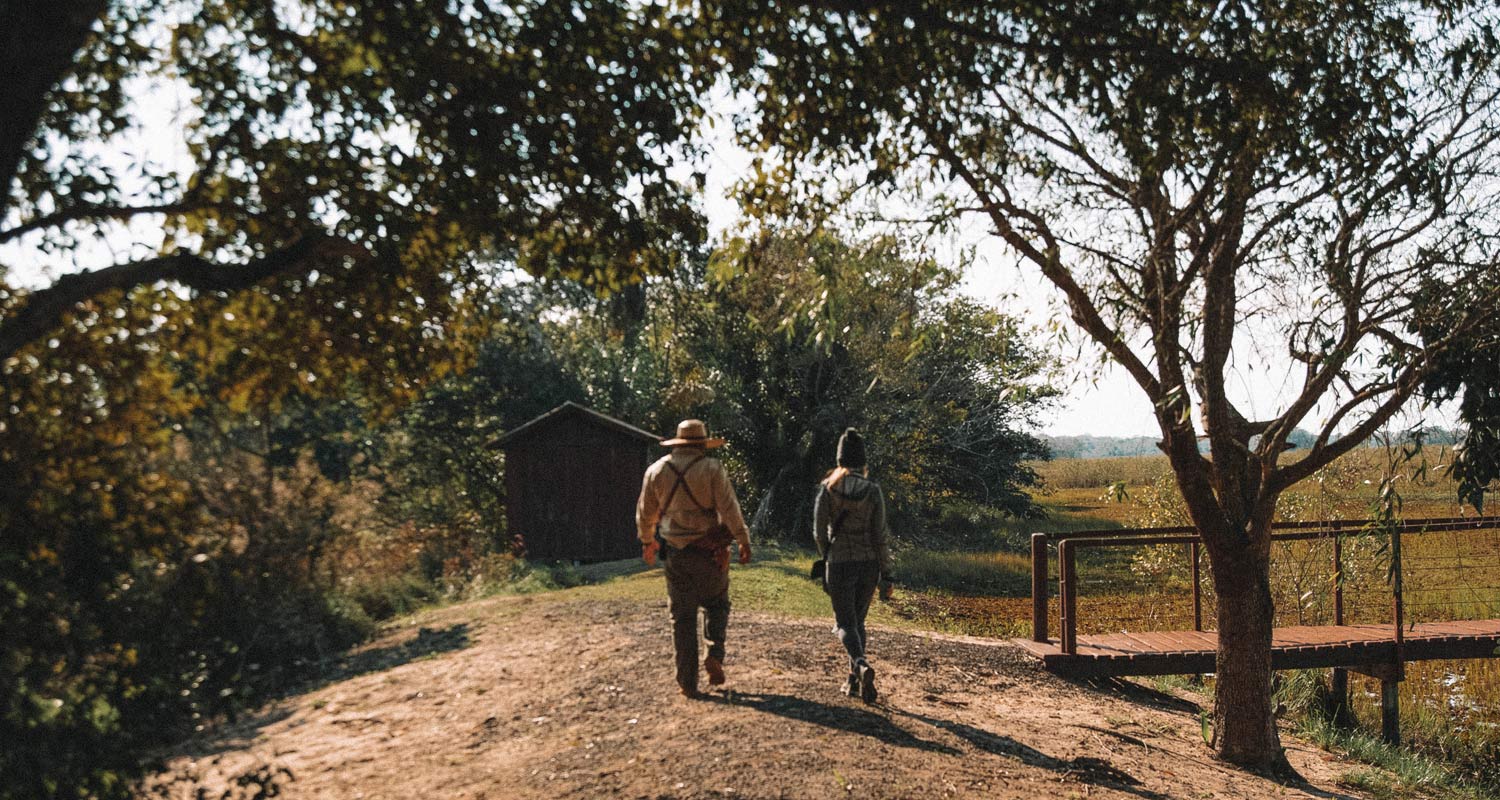 Homem e mulher andando na trilha no Pantanal Sul