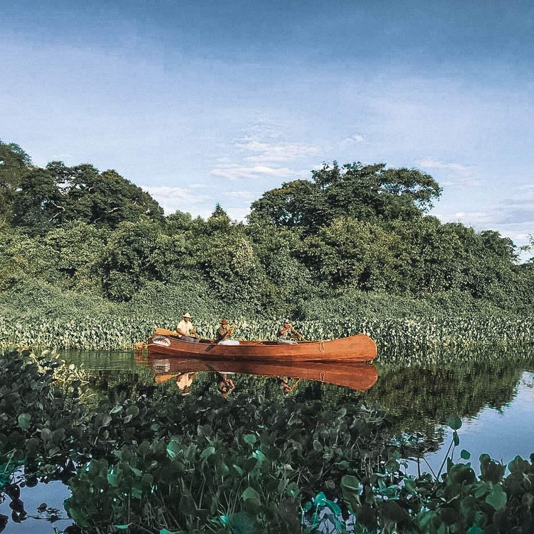 Três homens dentro de uma canoa canadense no Pantanal