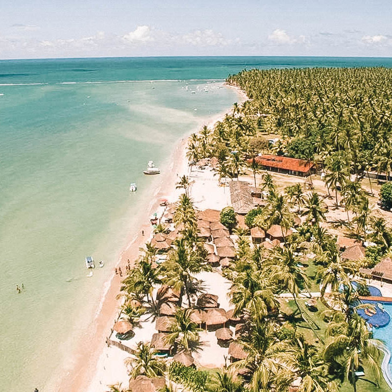 Vista aérea da divisa entre o mar em tom azulado, a areia e a pousada coberta por uma vegetação muito verde